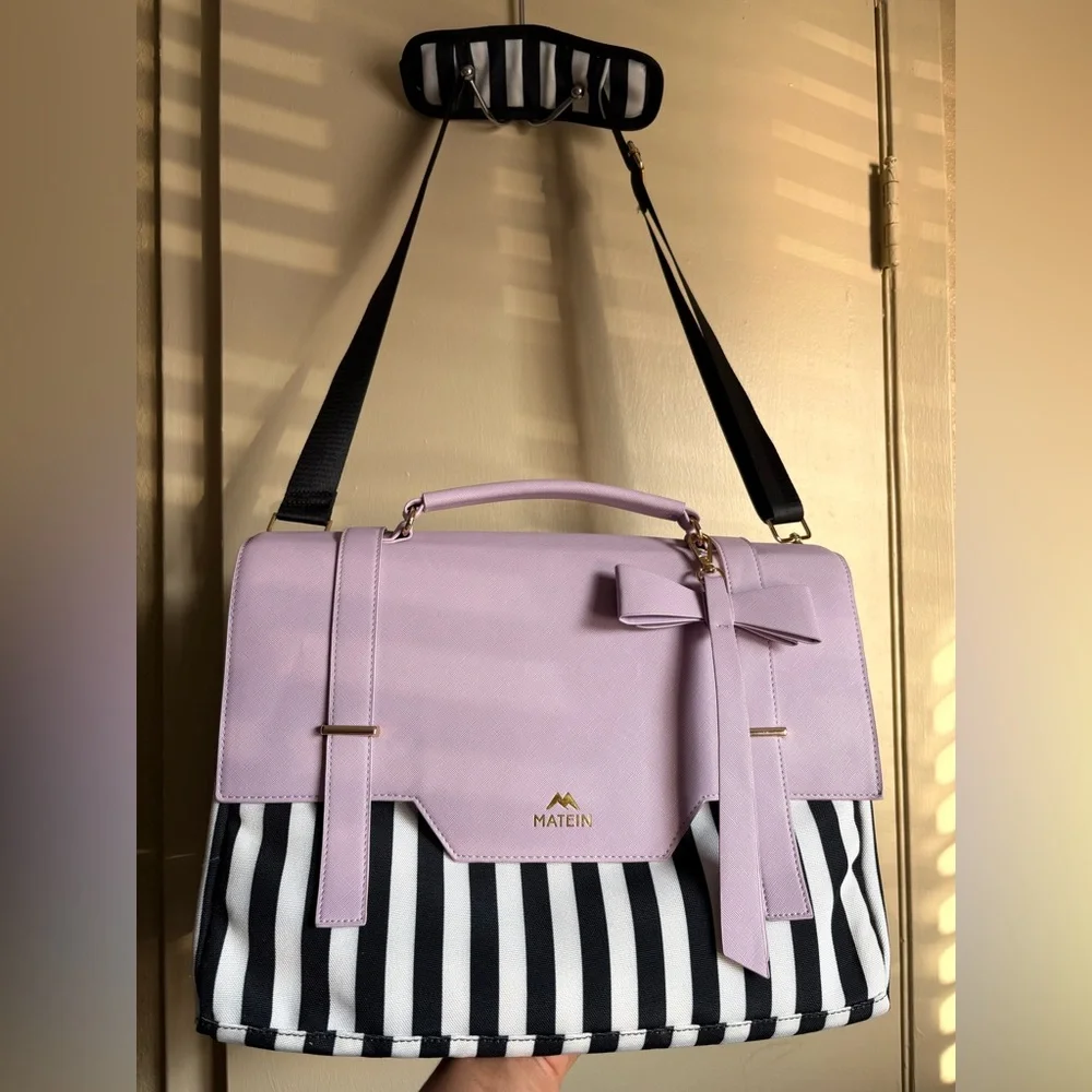 Matein Lavender Stripe Laptop Bag with Bow Accent